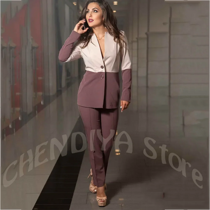 Contrast Color Women Pant Suits Slim Fit V Neck Blazer Trousers Set 2 Pieces Formal Suit for Office Business Work Wedding Guest