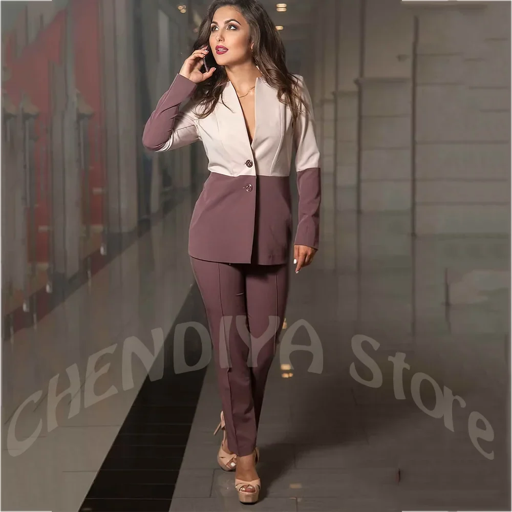 Contrast Color Women Pant Suits Slim Fit V Neck Blazer Trousers Set 2 Pieces Formal Suit for Office Business Work Wedding Guest