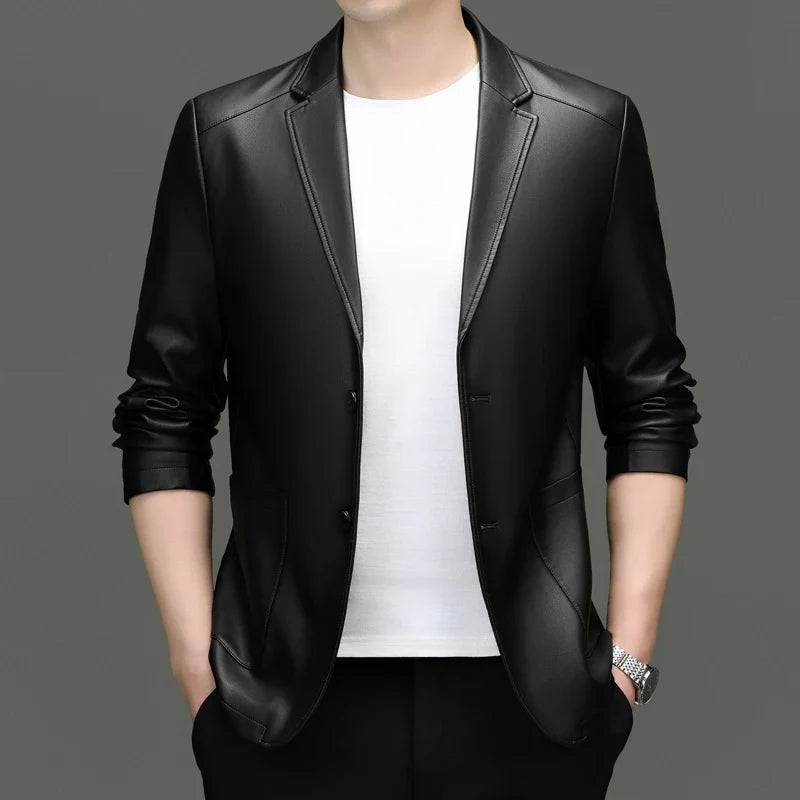 Spring/Summer New Men's Suit Collar Leather Jacket for Business and Casual Wear PU Leather Jacket for Middle-aged Men's Business