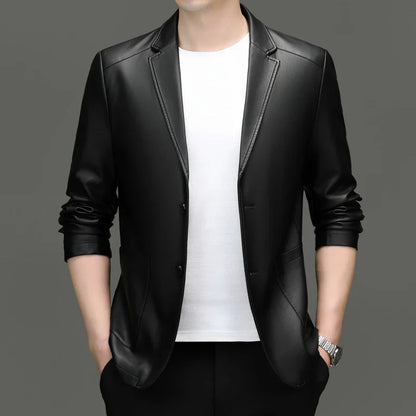 Spring/Summer New Men's Suit Collar Leather Jacket for Business and Casual Wear PU Leather Jacket for Middle-aged Men's Business