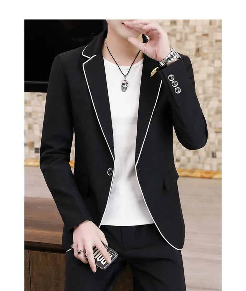 Men's Slim Fit Korean Style Two-Piece Suit Set – Smart Casual Polyester Suit for All Seasons