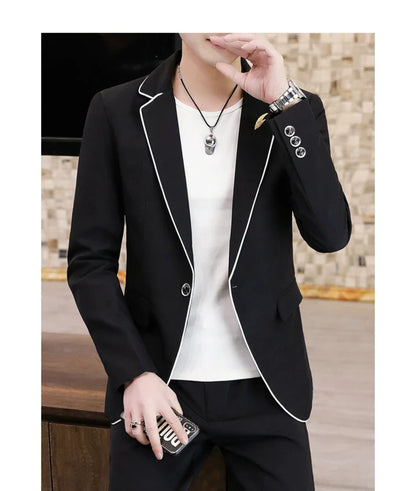 Men's Slim Fit Korean Style Two-Piece Suit Set – Smart Casual Polyester Suit for All Seasons