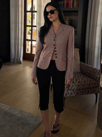 Casual Women Houndstooth Linen Blazer 2026 Spring Autumn Elegant Female Long Sleeves Lapel Collar Office Slim Suit Outerwear