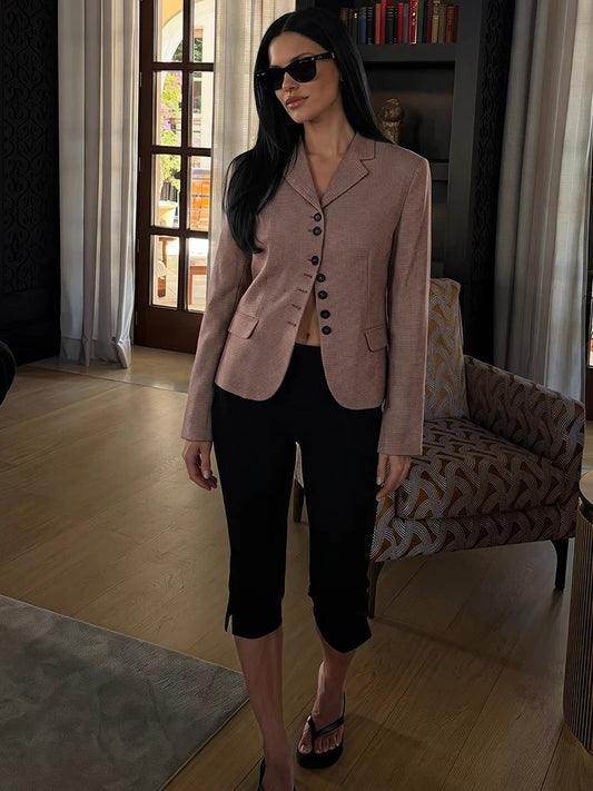 Casual Women Houndstooth Linen Blazer 2026 Spring Autumn Elegant Female Long Sleeves Lapel Collar Office Slim Suit Outerwear