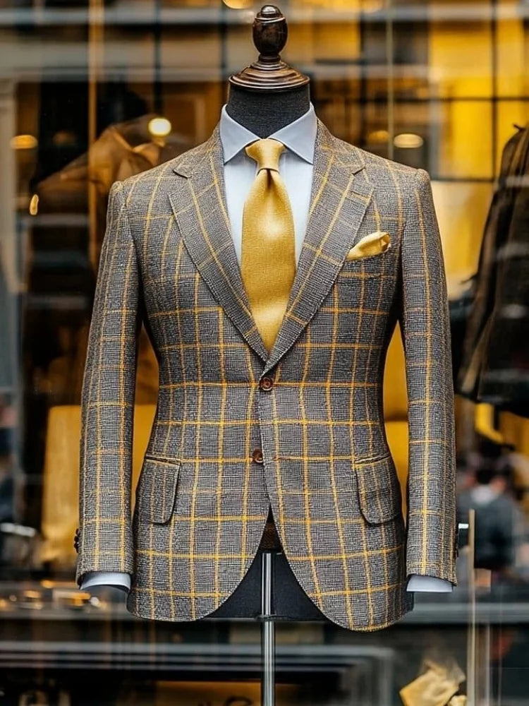 Mens British Style Windowpane Grid Blazer Notch Lapel Single Breasted Slim Fit Wedding Formal Suit Jacket Men Outerwear