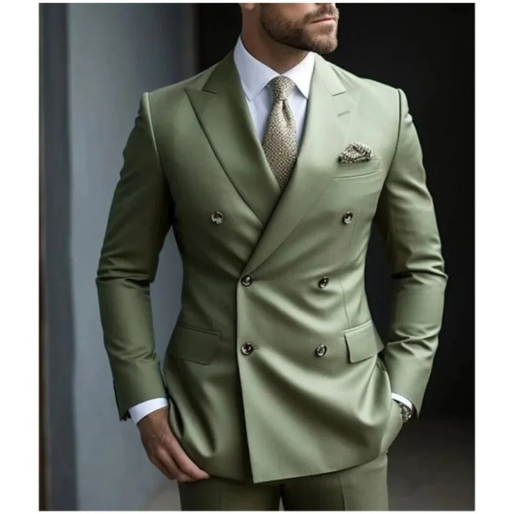 ( Blazer+Pants ) Men's 2 Piece Suits Double Breasted Lapel Slim Fit Man Clothes Groom Wedding Business Office Blazers Homme