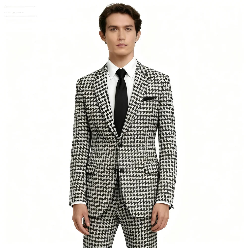 Formal Houndstooth Business Suits for Party Prom Notch Lapel Blazer Pants Set Man Groom Tuxedo Plaid 2 Pieces Wedding Set