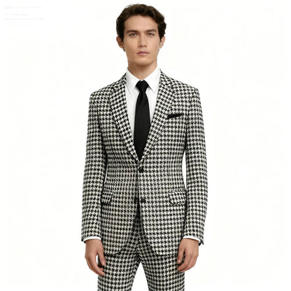 Formal Houndstooth Business Suits for Party Prom Notch Lapel Blazer Pants Set Man Groom Tuxedo Plaid 2 Pieces Wedding Set