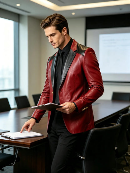 PU Leather Men's Suit Blazer Patchwork Style Wedding Groom Tuxedo Formal Office Prom Jacket High Quality Business Casual Coat
