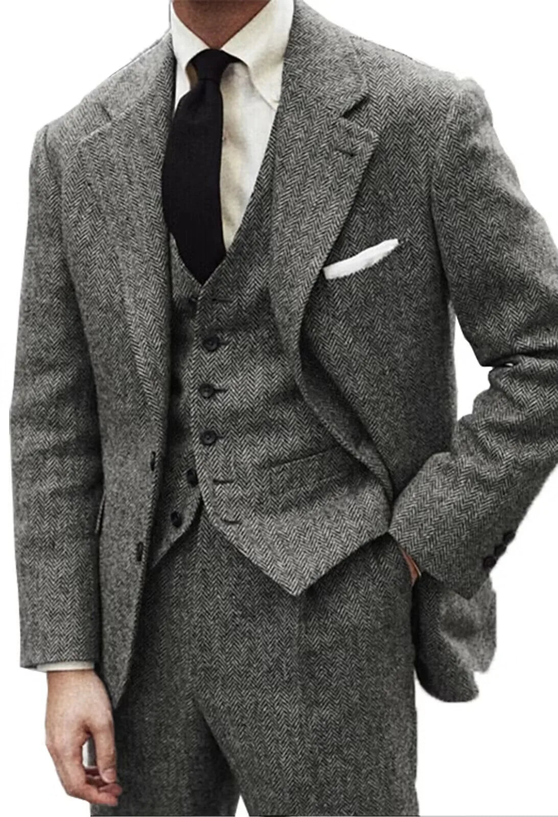 Men's Gray Wool Tweed Slim Fit 3 Piece Suit Winter Formal Herringbone Business Tuxedo Groom Male Clothes Jacket Vest Pants Set