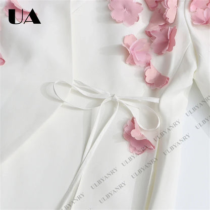 White Wrap Blazer with 3D Pink Floral Appliqué and Tie Waist for Wedding Garden Party Ethereal Romantic Outfit
