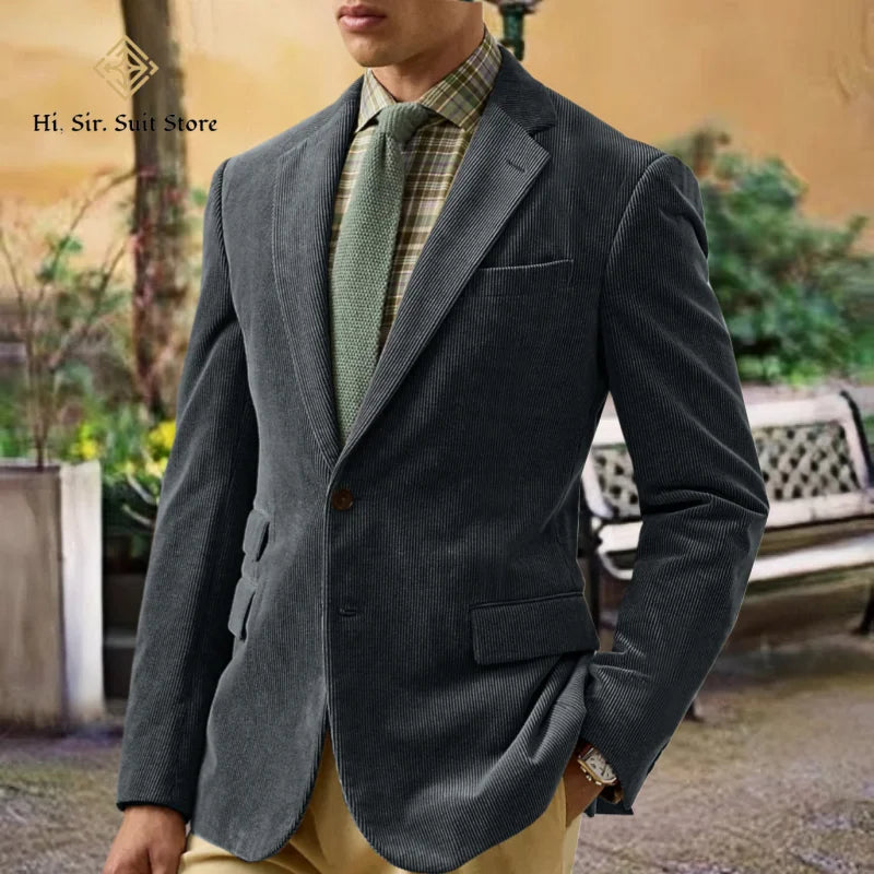 Spring/Autumn New Corduroy Suit Retro Casual Notched Lapel Jacket Single-Breasted Men's Solid Colour Suit Western Sport Coats