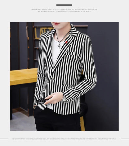 Men's Slim Fit Striped Casual Suit Jacket Korean Fashion Four Seasons New Boutique Handsome Small Suit