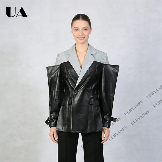 Colorblock Faux Leather Blazer with Notch Lapel Cuff Straps for Street Style Fashion Week Suit Jacket Club Night Blazer