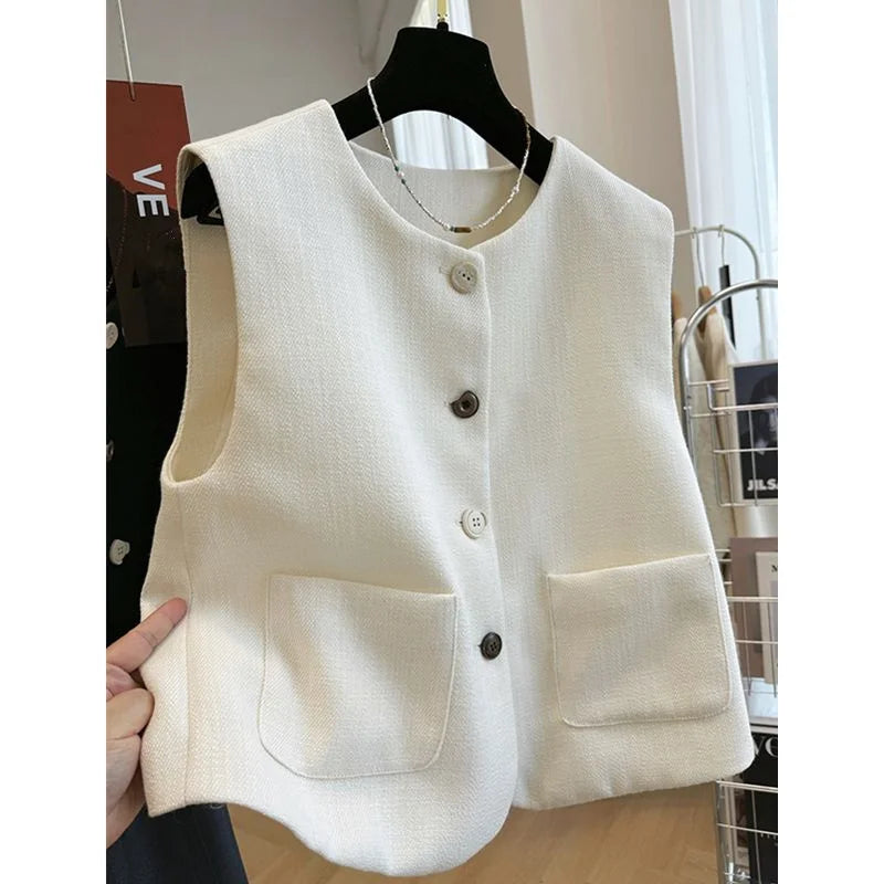 French Femme High End Waistcoat Tops Outwear Women Fashion Round Neck Sleeveless Jacket Spring Autumn Lady Solid Color Vest Coat