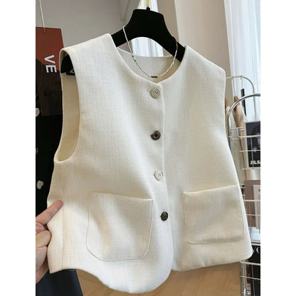 French Femme High End Waistcoat Tops Outwear Women Fashion Round Neck Sleeveless Jacket Spring Autumn Lady Solid Color Vest Coat