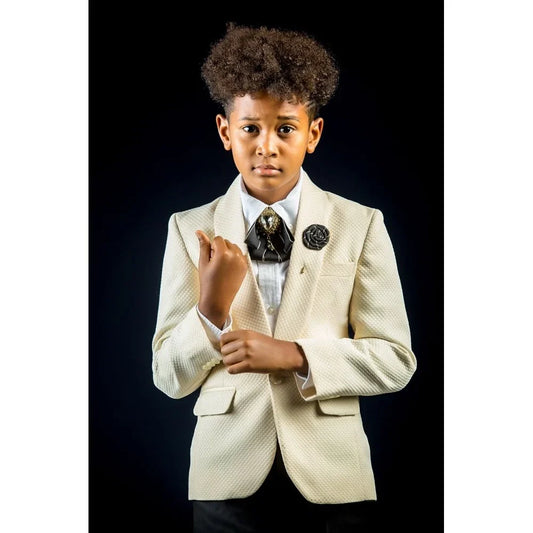 Fashion Waffle Boys Suits Shawl Lapel One Button Blazer Sets with Black Pants Chic Banquet Formal Party Wedding Kids Clothes