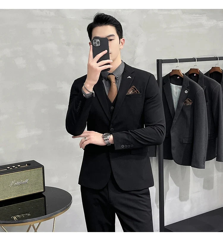 Plus Size S-7XL Man Korean Slim Fit Custom Groom Business Casual Tuxedo Blazers Vest Pant Casual Wedding Social Tuxedo Dress