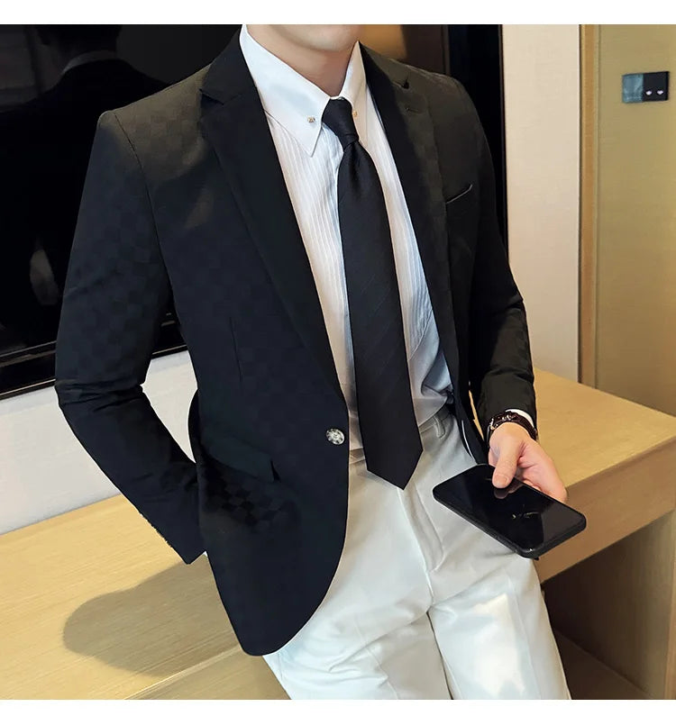 2024 Spring Plaid Blazers Men Single Breasted Casual Business Suit Jacket Fashion Slim Social Banquet Wedding Groom Dress Coats