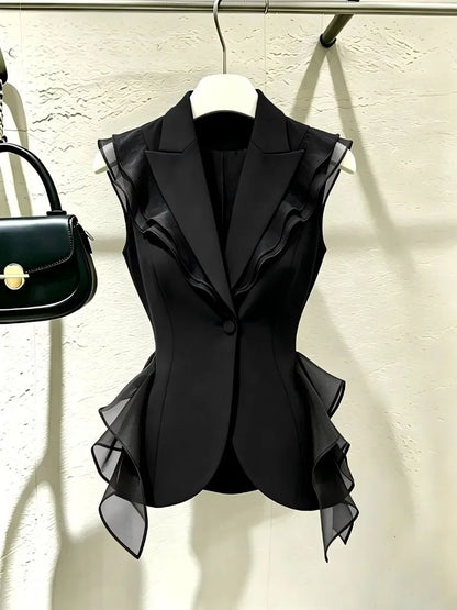 2026 New Black Suit Vest Female Summer Korean Fashion Spliced Flounces Sleeveless Blazers Jacket Waistcoat Women Outerwear Tops