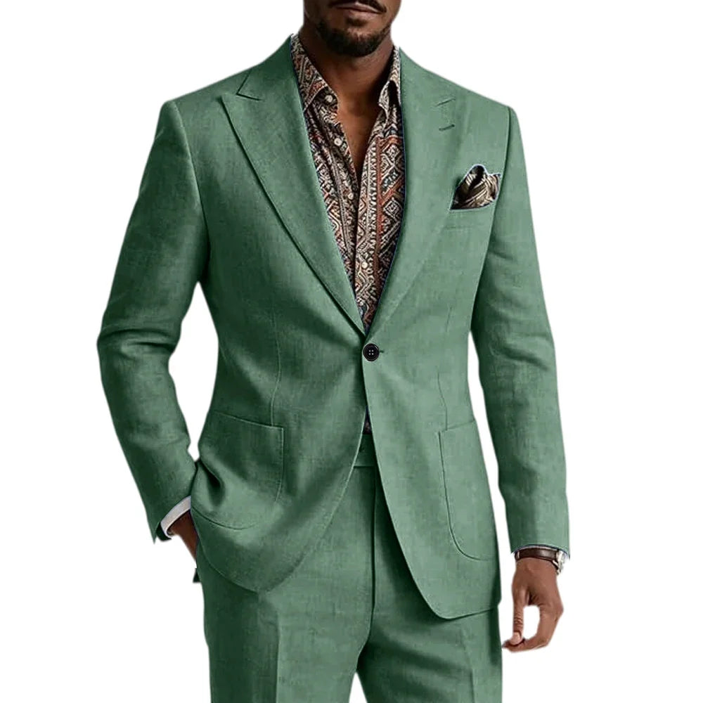 Men's Linen Blend Suit 2 Pieces Set Solid Color Peak Lapel Slim Fit One Button Jacket Pants Formal Outfit Wedding Business Casua