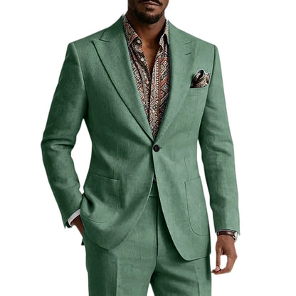 Men's Linen Blend Suit 2 Pieces Set Solid Color Peak Lapel Slim Fit One Button Jacket Pants Formal Outfit Wedding Business Casua