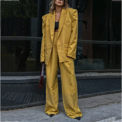 Women's Oversized Blazer Suit Chic Single Button Notch Lapel Wide Leg Pants Set 2 Pieces Office Lady Business Casual Streetwear