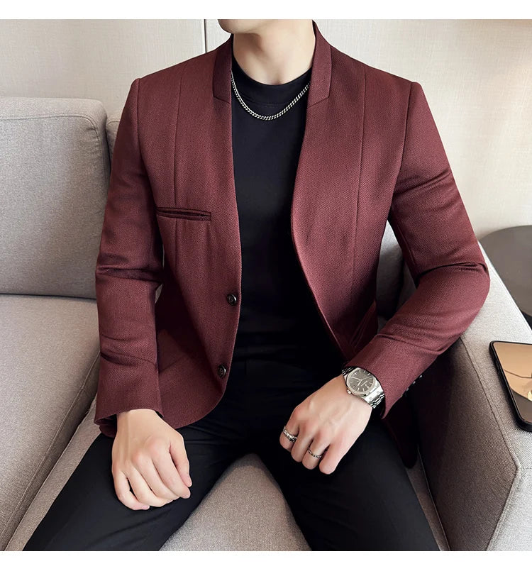 Chinese Style Collarless Suit Jacket Men Fashion Slim Fit Versatile Blazers Male Casual Business Wedding Groom Dress Jacket 2025
