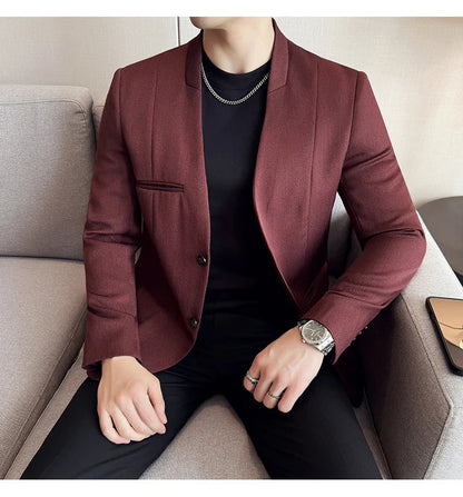 Chinese Style Collarless Suit Jacket Men Fashion Slim Fit Versatile Blazers Male Casual Business Wedding Groom Dress Jacket 2025