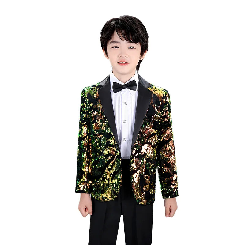 Kids Piano Wedding Birthday Tuxedo Dress Children's Shining Sequins Stage Show Photography Suit Boys Performance Costume