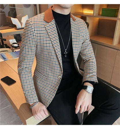 Brand Spring Plaid Men Blazers Business Casual Suit Jacket Men Clothing High-quality Streetwear Social Wedding Groom Dress Coat