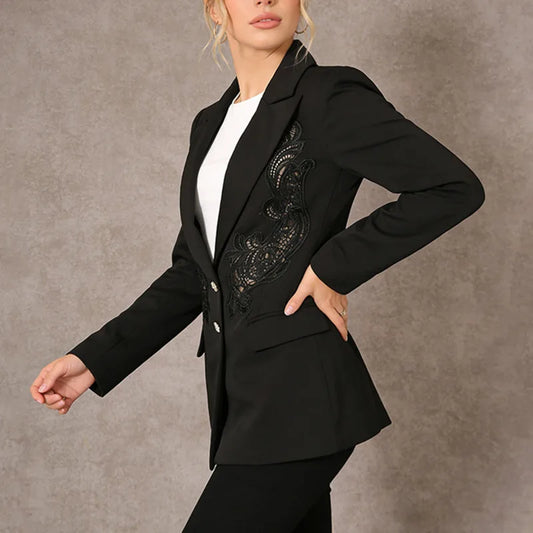 2026 Spring New Women Light Luxury Blazer High-End Lace Patchwork Hollow Out Waist Cinching Slim Fit Elegant Jacket HK18570