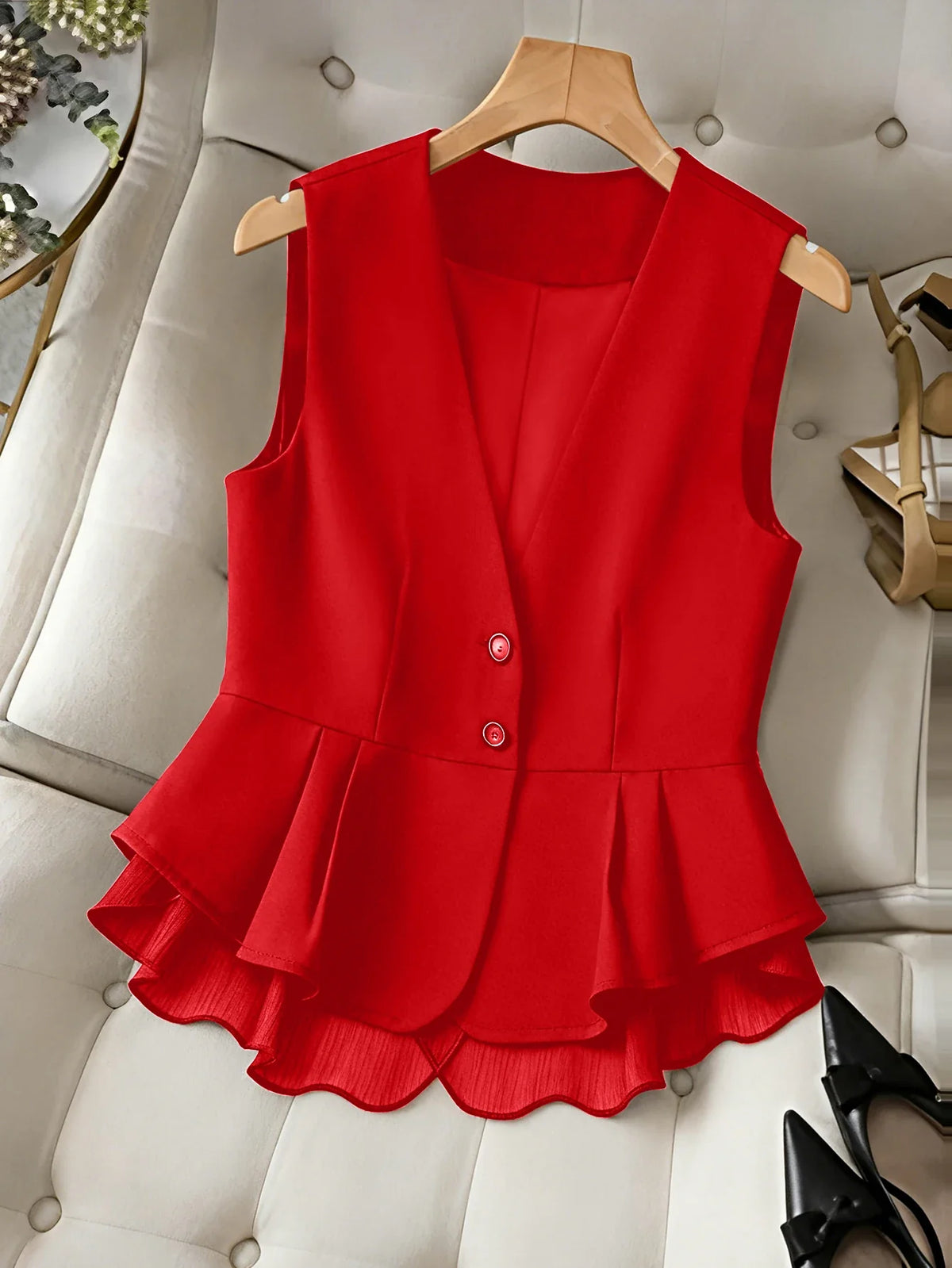 Women's Elegant V-Neck Peplum Vest, Sleeveless Button Down Blazer Waistcoat with Layered Chiffon Hem for Business Casual Office