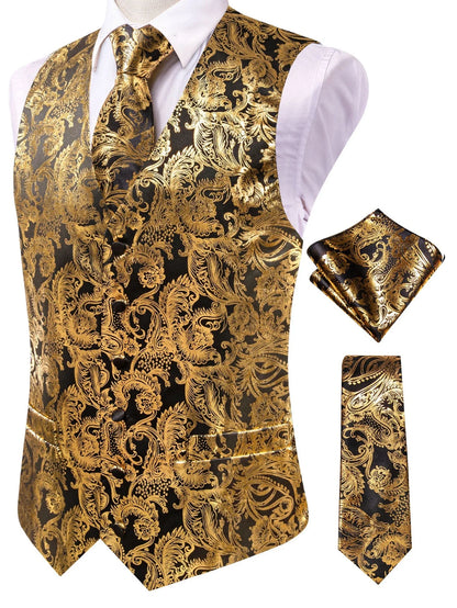 Men's Jacquard Vest 3-Piece Set – Satin Formal Waistcoat with Tie & Pocket Square for Weddings