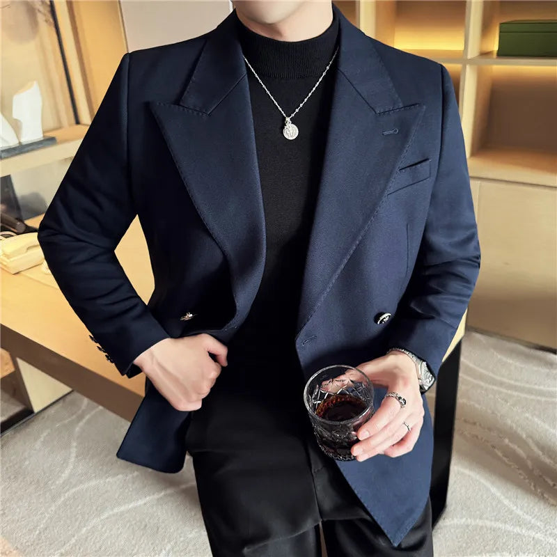 Autumn Winter Thickened Woolen Suit Jacket Men Double-breasted Casual Business Blazers Slim Fit Wedding Social Dress Coat M-4XL