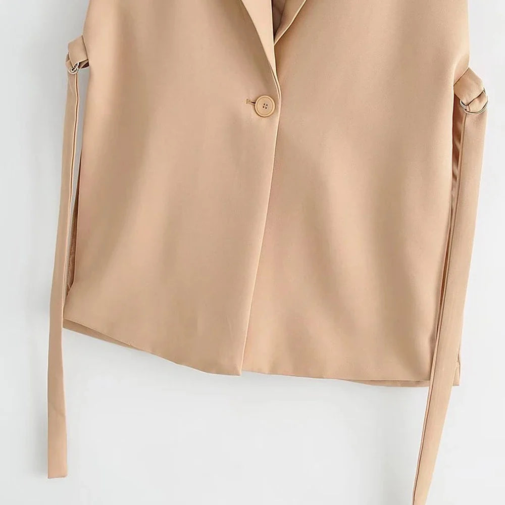 Women Fashion With Taps Side Vents Waistcoat Vintage Sleeveless Front Button Female Outerwear Chic Vest Tops