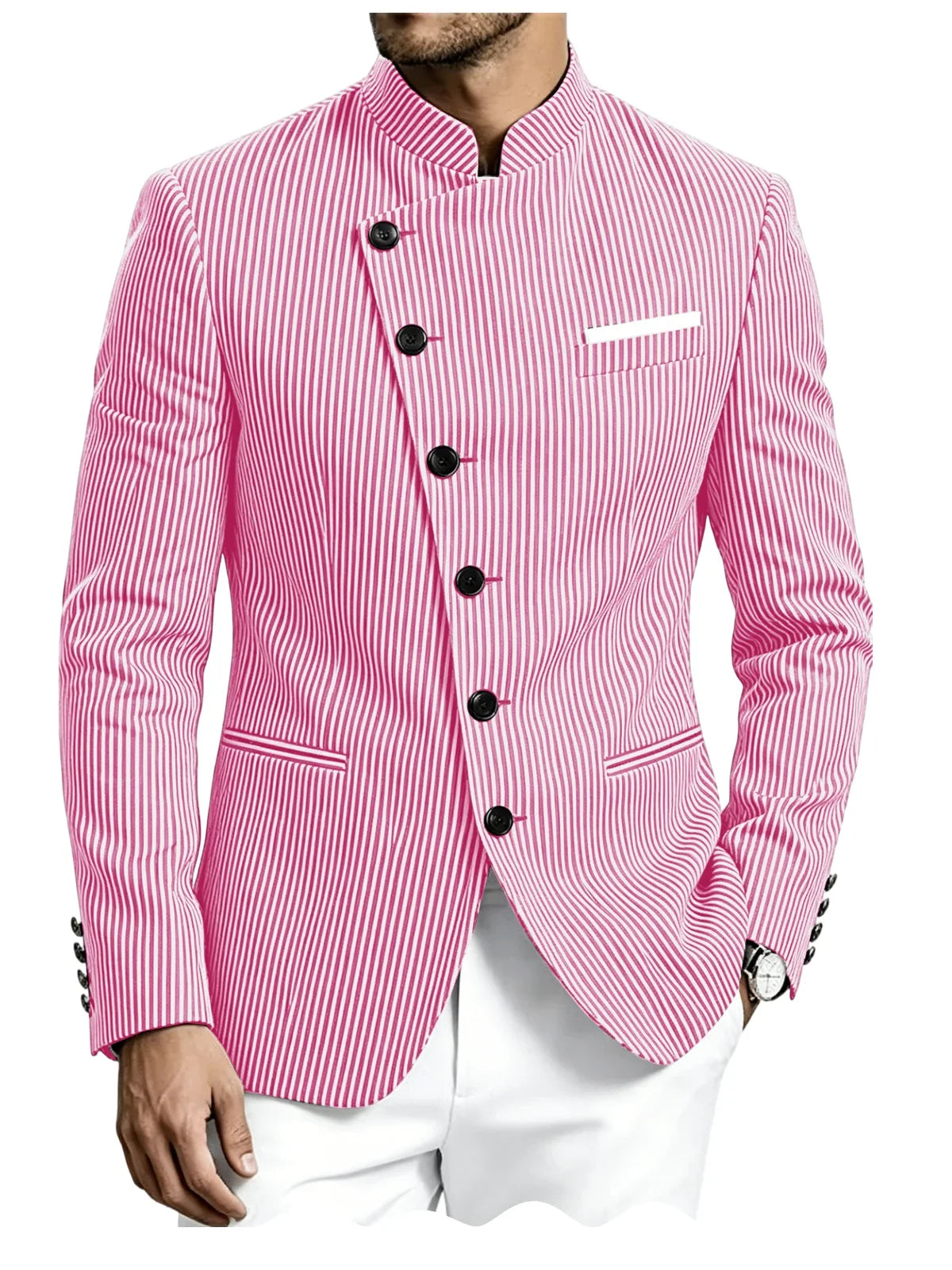 Men Mandarin Collar Suit Jacket Stand Collar Asymmetrical Single Breasted Men Blazer Slim Fit Business Formal Coat For Business