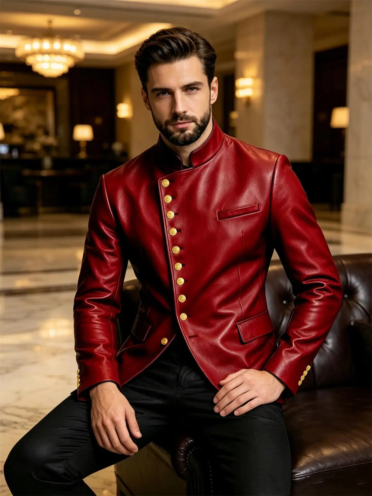 Luxury PU Men's Suit Blazer Single Breasted Stand Collar Slim Fit Leather Jacket Vintage High Quality Business Party Male Tuxedo