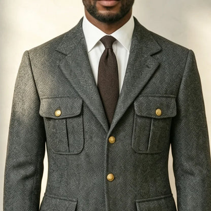 Mens Grey Herringbone Woollen Safari Suit Jacket 1 Piece Single Breasted Wedding Blazer Prom Banquet Formal Gentleman Outerwear