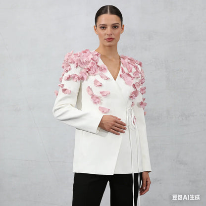 White Wrap Blazer with 3D Pink Floral Appliqué and Tie Waist for Wedding Garden Party Ethereal Romantic Outfit