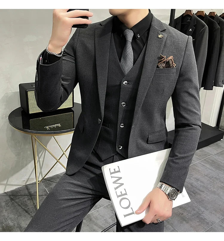 (Jacket +Vest+Pants) Plus Size 7XL-S Men Korean Slim Fit Groom Wedding Business Casual Tuxedo Mens Work Social Suit 3 Pieces
