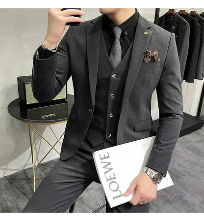 (Jacket +Vest+Pants) Plus Size 7XL-S Men Korean Slim Fit Groom Wedding Business Casual Tuxedo Mens Work Social Suit 3 Pieces
