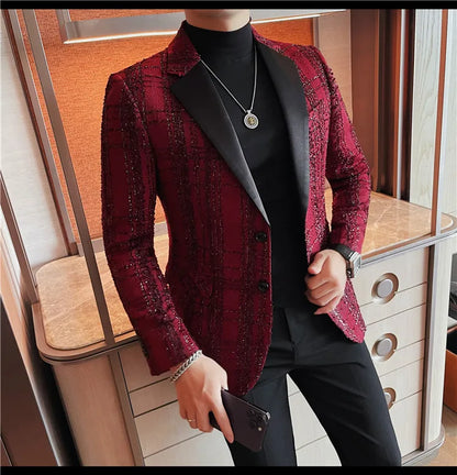 British Style Woven Suit Jacket Men Fashion Plaid Casual Business Blazer Gentleman Versatile Banquet Party Groom Wedding Coats
