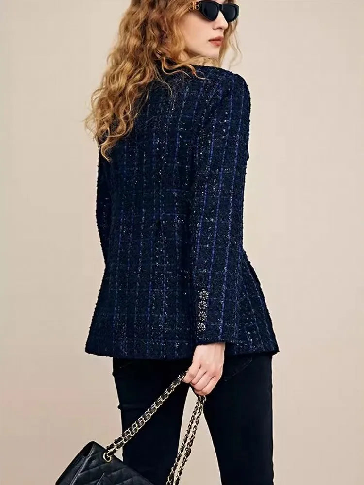 Women O Neck Single Breasted Slim Waist Tweed Jacket Mid Long Vintage Plaid Office Ladies Work Coat Twill Jackets Party Outwear
