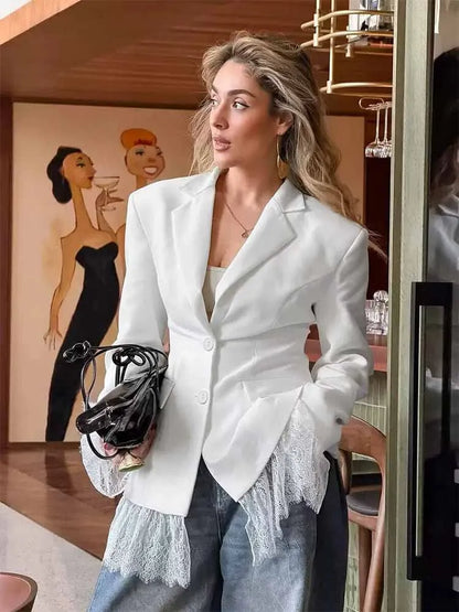 Woman Early Spring Fashion Long Sleeves Single Breasted Lace Patchwork Decoration Blazer Female Casual Slim Commuting Coat