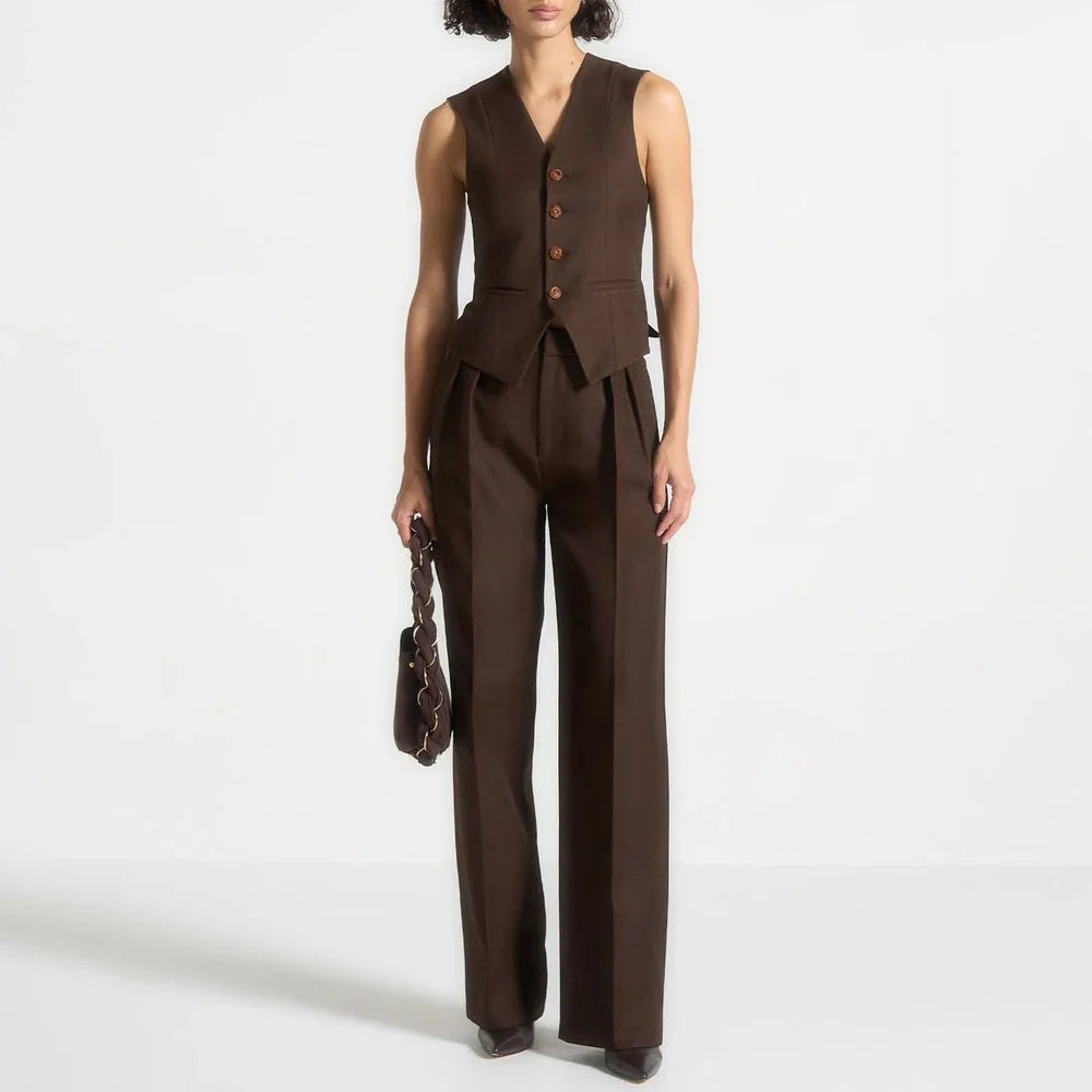 Classic Women Dark Brown Sleeveless 2 Piece Suit Vintage Single Breasted Office Lady Jacket Pantsuit Modern Evening Party Outfit