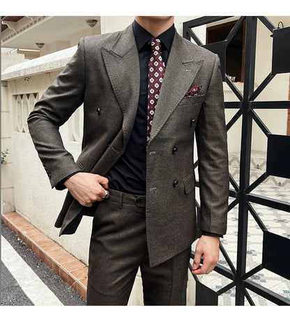 Men Vintage Luxury Double Breasted Slim Fit Lapel Evening Gown ltalian Style Fashion High-end Groom Wedding Party Tuxedo 2 Piece