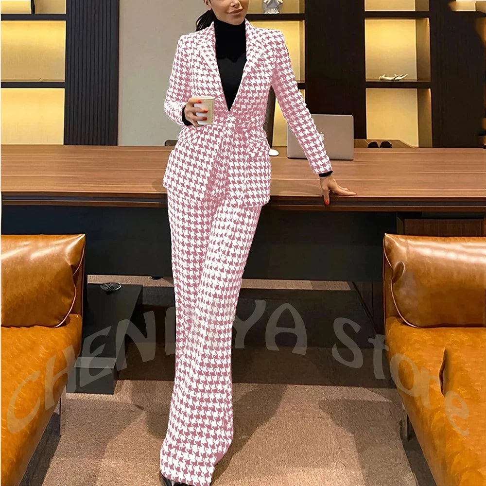 New Houndstooth Suit Two Pieces Regular Fitted Straight Peaked Lapel Fashion Jacket with Blazer Elegant Lady Sets Customized
