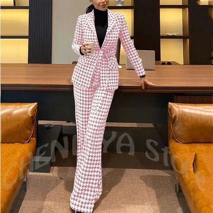 New Houndstooth Suit Two Pieces Regular Fitted Straight Peaked Lapel Fashion Jacket with Blazer Elegant Lady Sets Customized
