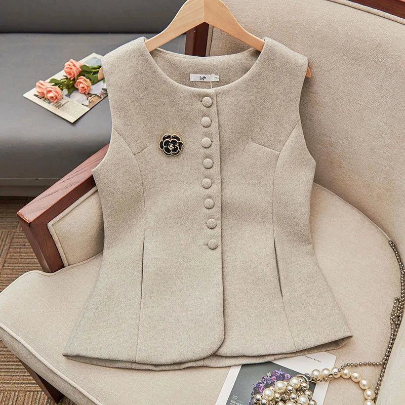Vintage Brushed Shoulder Jacket Gray Suit Sleeveless Vest Fashionable Lady Coat Autumn/Winter Commuting Elegant Women's Clothing